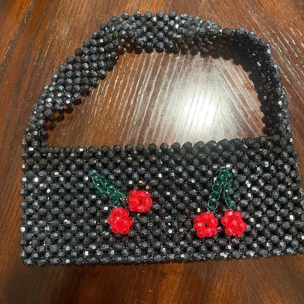 Black Beaded Shoulder Bag Red Cherry Charm Purse TikTok Viral - Picture 3 of 6